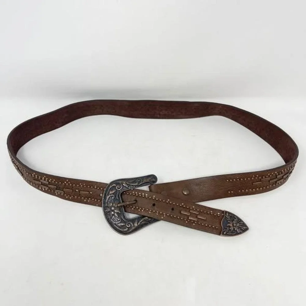 Cowgirl Tuff Western Belt Womens 2X Brown Leather Metal Studs Copper Buckle